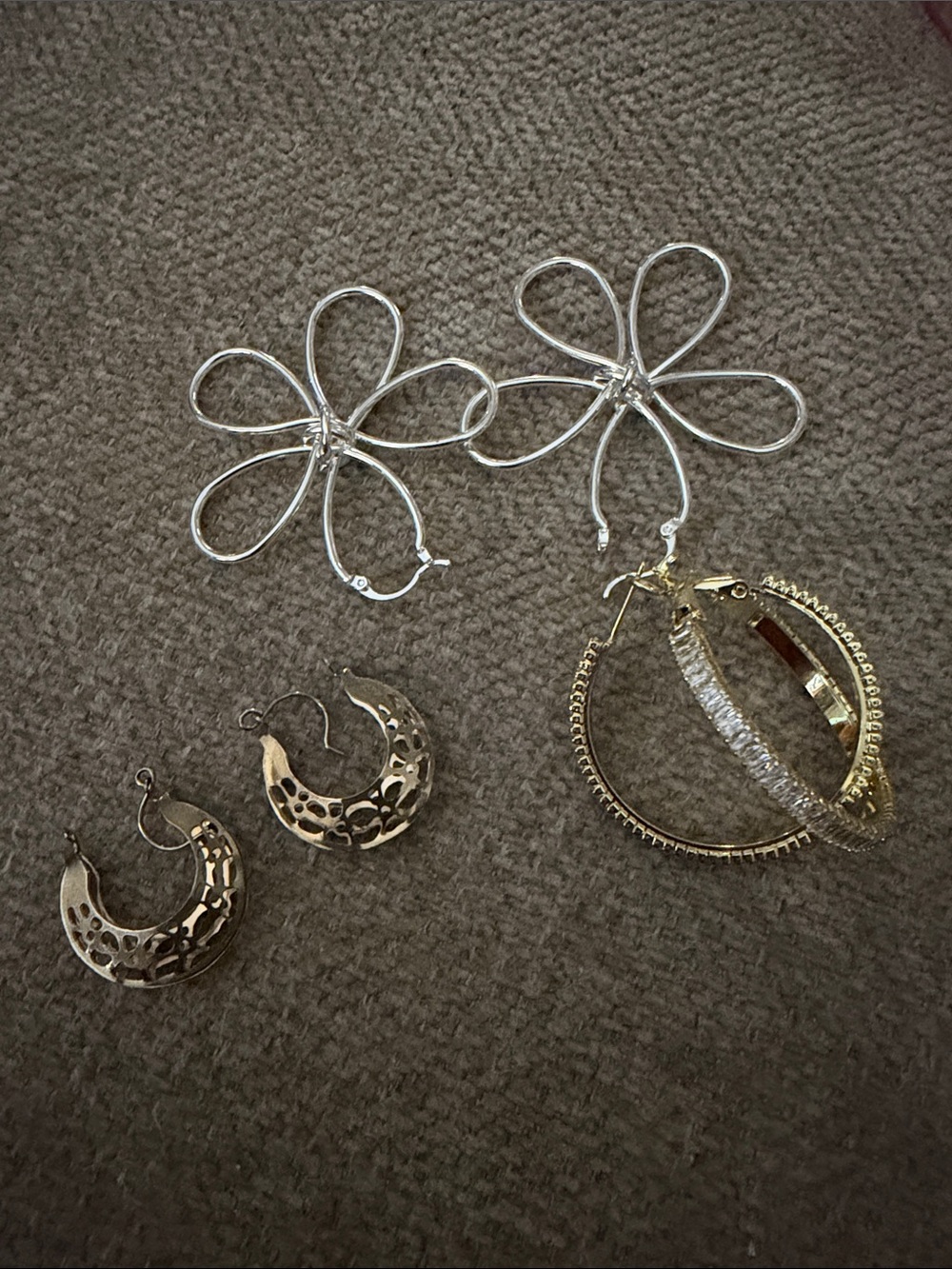 Silver Floral Hoop Earrings — Dainty Flower Outline Design set of 3